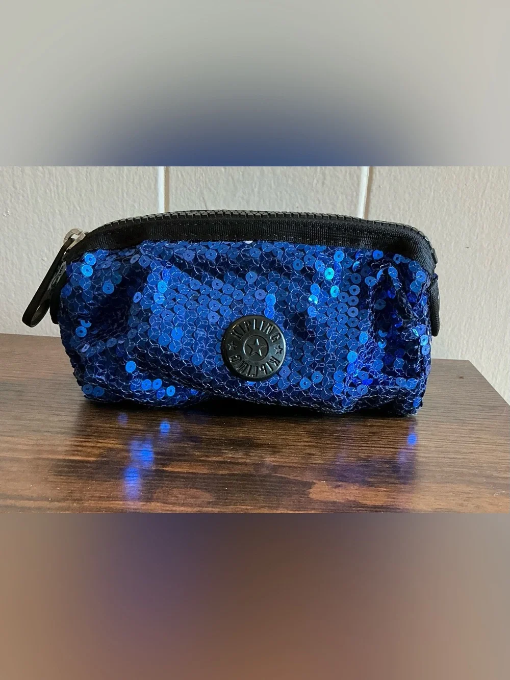 A Rare Discontinued Blue Sequence Kipling Cosmetic Makeup Zipper Bag